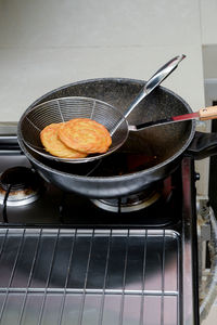 High angle view of food on barbecue grill