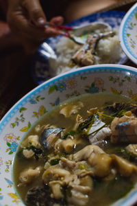 High angle view of soup in bowl