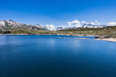 Scenic view of lake against blue sky