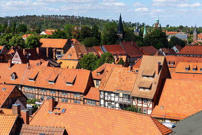 High angle view of buildings in city