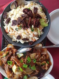 High angle view of meal served on table