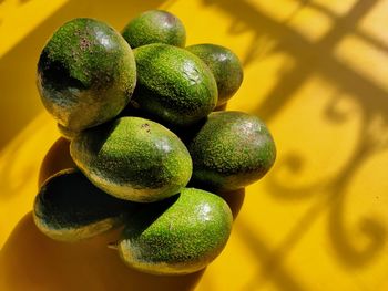 Close-up of avocado fruits pile up on yellow background with shadow