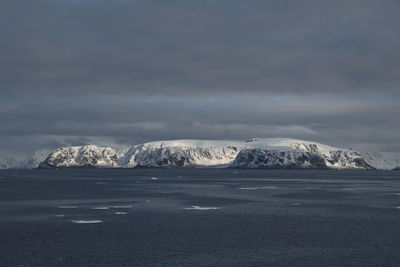 Scenic view of sea against snow covered landscape