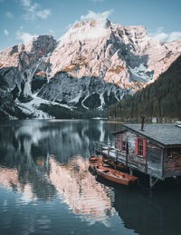 Scenic view of lake by snowcapped mountains against sky