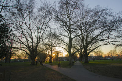 Bare trees on field in park against sky at sunset