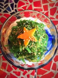 High angle view of salad in bowl on table