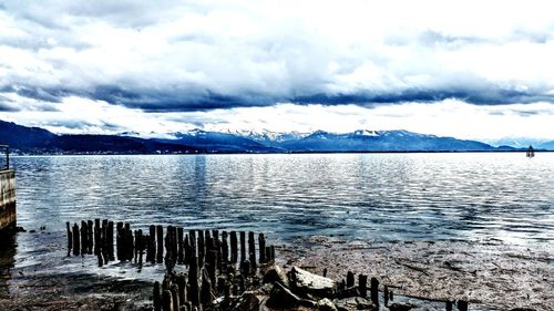 Scenic view of lake by snowcapped mountains against sky