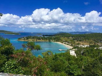 High angle view of bay against sky