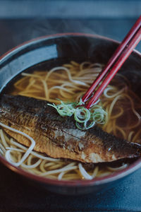 High angle view of food in bowl on table