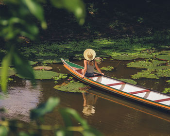 High angle view of boat in lake