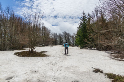 Rear view of man walking on snow covered landscape