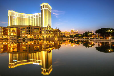 Reflection of buildings in city at night