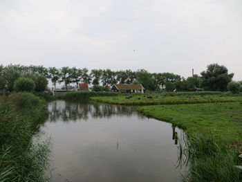 Scenic view of field by trees and houses against sky