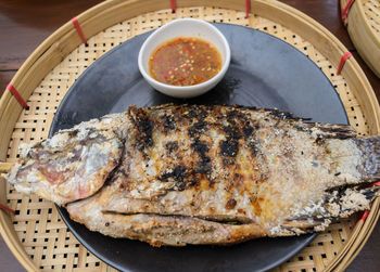 High angle view of food in plate