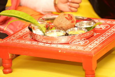 Religions offerings on traditional table during wedding ceremony