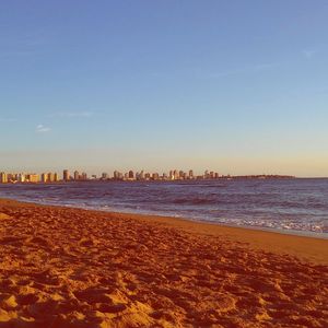 Scenic view of beach against clear blue sky