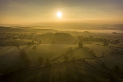 Ariel view over pasture land in the yorkshire dales. uk