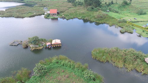 High angle view of boats in lake