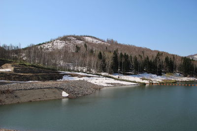 Scenic view of lake against clear blue sky