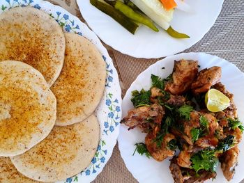 High angle view of food served on table