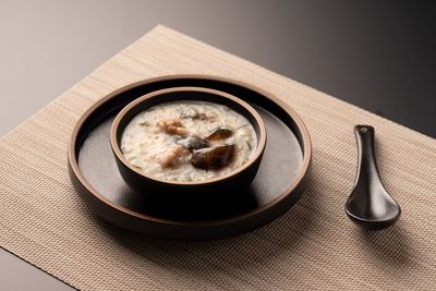 High angle view of breakfast on table