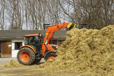 Man working with bulldozer by manure pile at farm