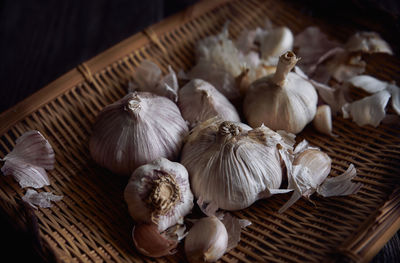 High angle view of mushrooms in basket on table
