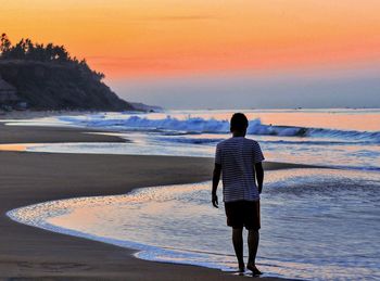 Rear view of man standing on beach during sunset