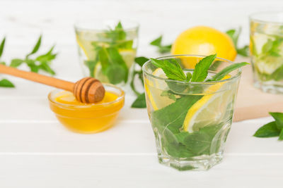 Close-up of vegetables in glass on table