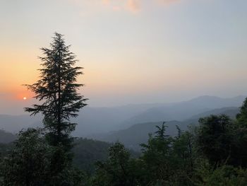 Scenic view of tree mountains against sky during sunset