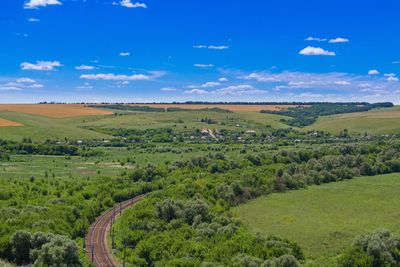 Scenic view of field against blue sky