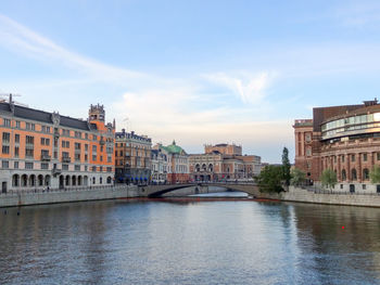 Buildings by river against sky in city