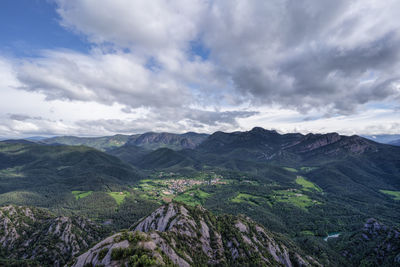 High angle view of mountains against sky