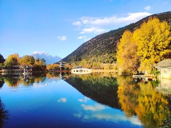 Scenic view of lake against sky during autumn