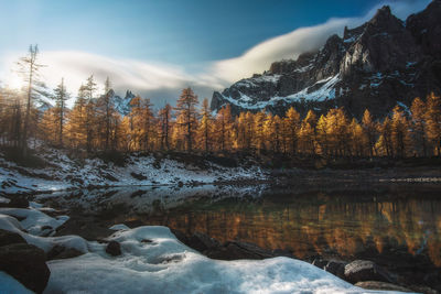 Scenic view of lake against sky during sunset