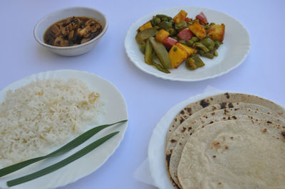 High angle view of meal served on table