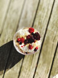High angle view of strawberry on table