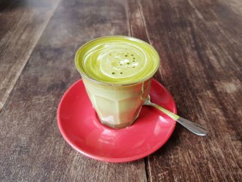 High angle view of tea cup on table