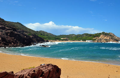 Scenic view of beach against blue sky