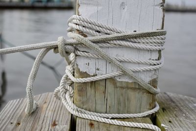 Close-up of rope tied over wood on pier