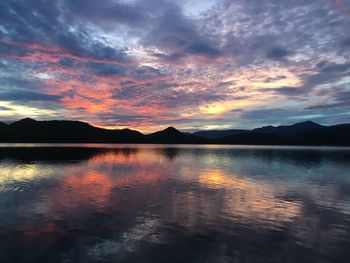 Scenic view of lake against dramatic sky during sunset