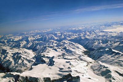 Aerial view of snowcapped mountains against sky