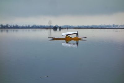 Boat in lake against sky