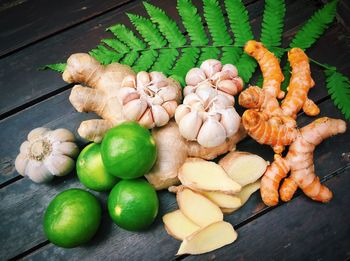 High angle view of vegetables on table