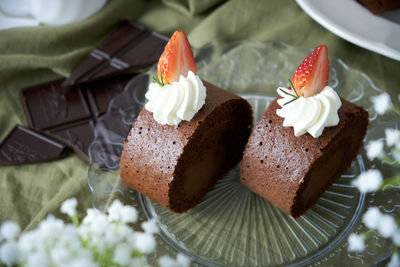 Close-up of chocolate cake in plate