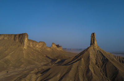 Panoramic view of desert against clear blue sky