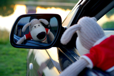 Close-up of hand on side-view mirror of car