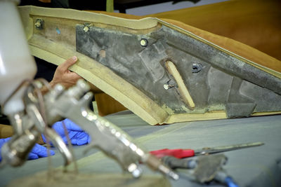 High angle view of worker working on table