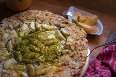 High angle view of food served on table