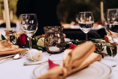 Wine glasses on table in restaurant